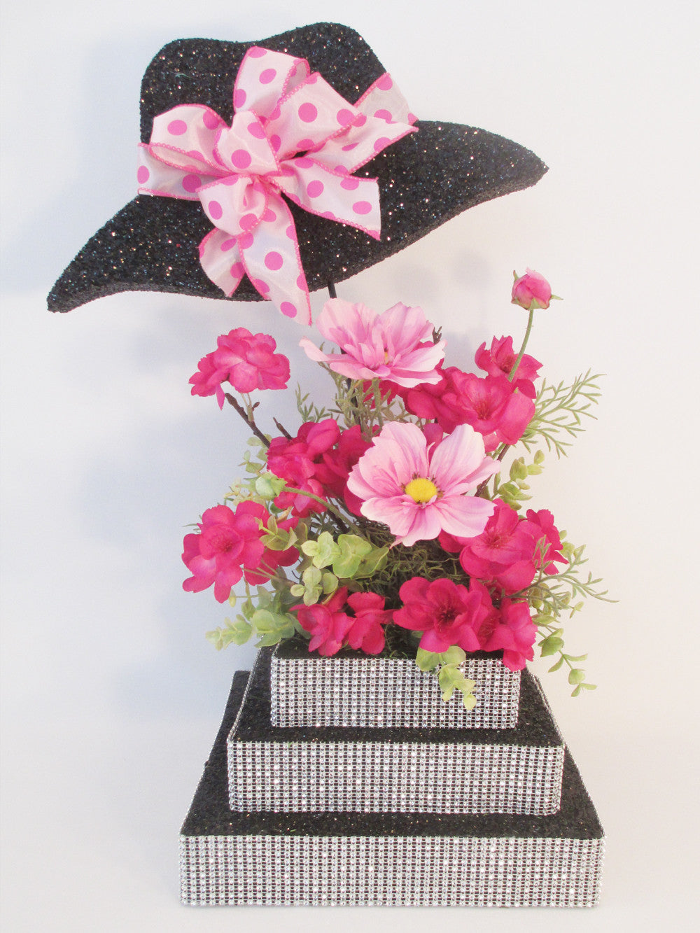 Styrofoam Hat Centerpiece with 3 tier rhinestone base & silk flowers –  Designs by Ginny